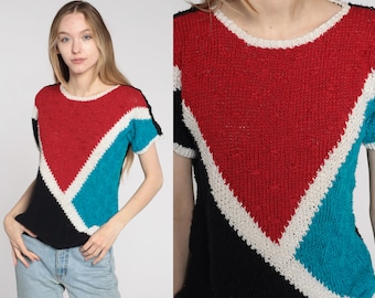 80s Knit Top Color Block Shirt Short Sleeve Sweater Top Red Black Bohemian Retro Tee Vintage 1980s Ramie Cotton Small S