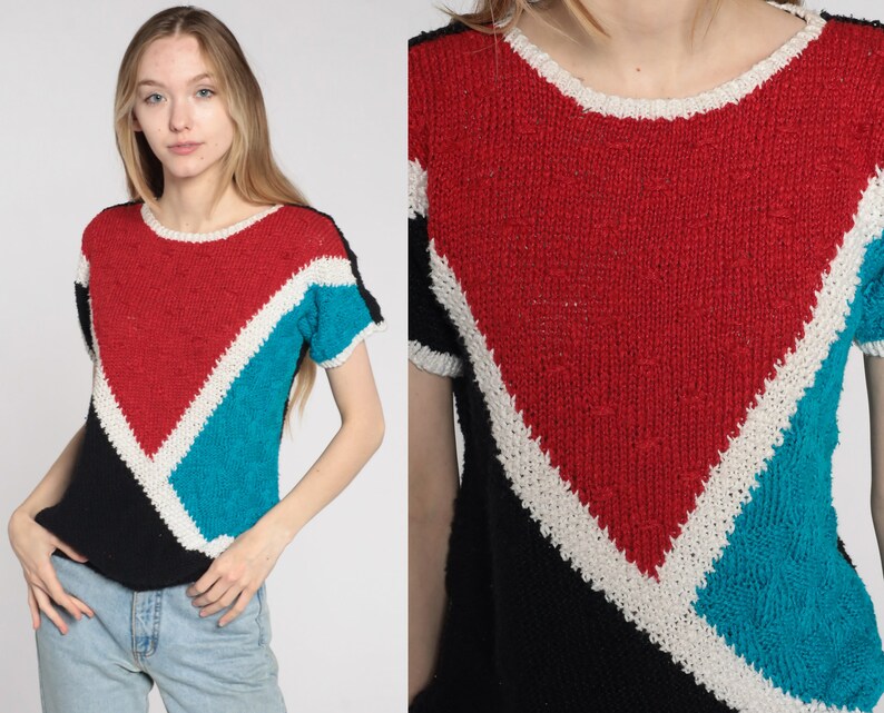 80s Knit Top Color Block Shirt Short Sleeve Sweater Top Red Black Bohemian Retro Tee Vintage 1980s Ramie Cotton Small S image 1