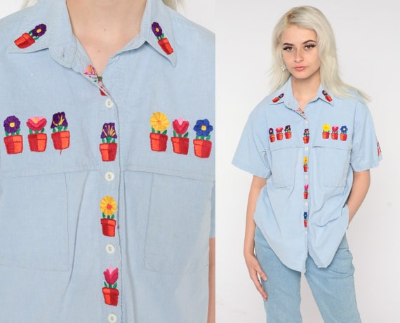 Flower Pot Shirt 90s Floral Chambray Button Up Sh… - image 1