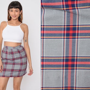 70s Plaid Skirt Grey Mini Skirt Checkered High Waist Pencil Preppy Secretary Academia Red Blue Tartan Vintage 1970s Small 4 image 1