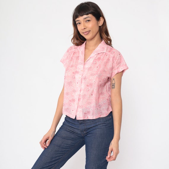 70s Floral Blouse Baby Pink Semi-Sheer Boho Top Button Up Shirt Cap Sleeve Top Bohemian Summer Bohemian Vintage 1970s Medium