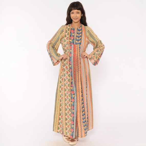 70s Batik Stripe Caftan Cotton Dress Butterfly Floral Print Long Sleeve Pullover Multicolor Festival Bohemian Orange Blue Kaftan Medium M