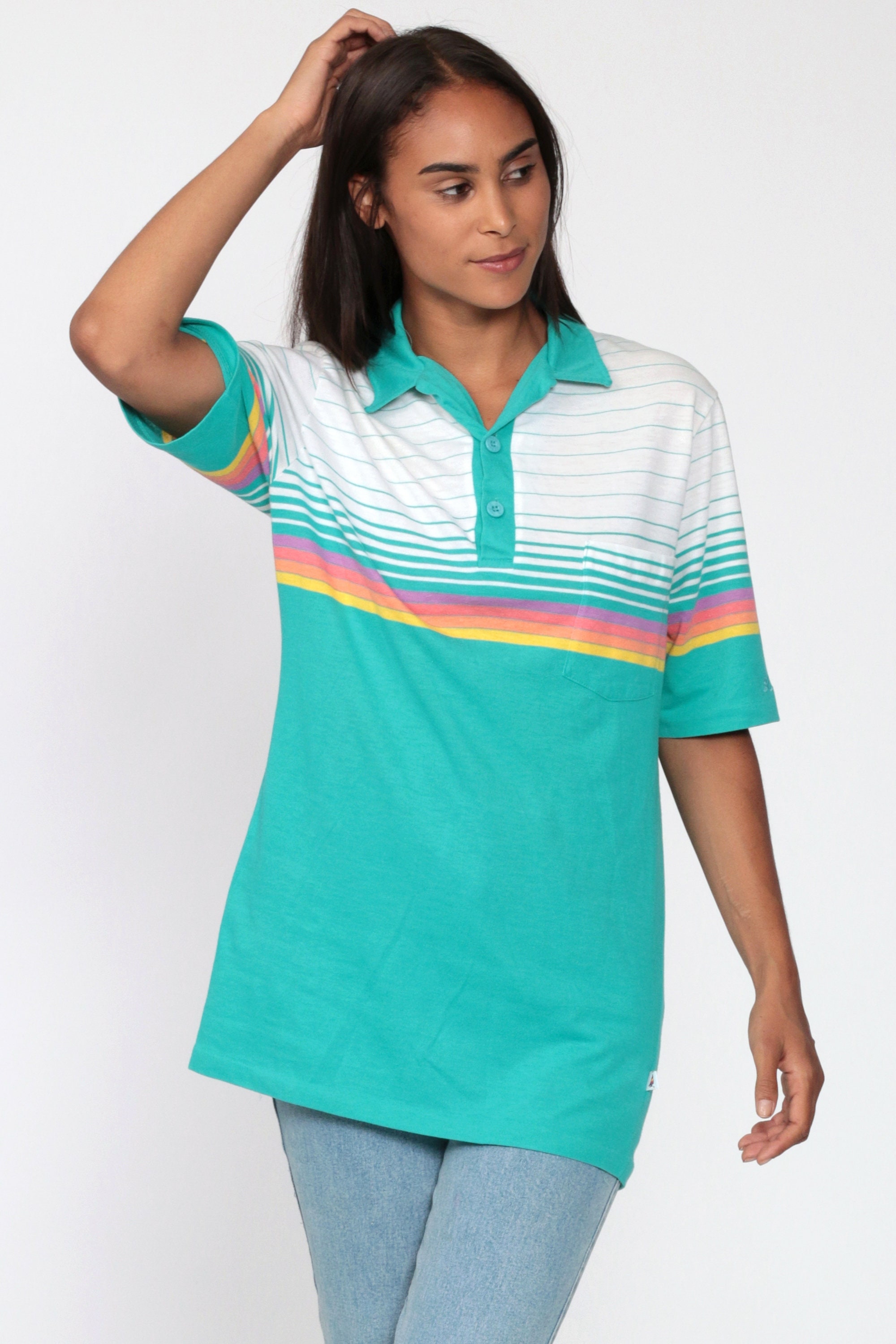 women rainbow striped shirt
