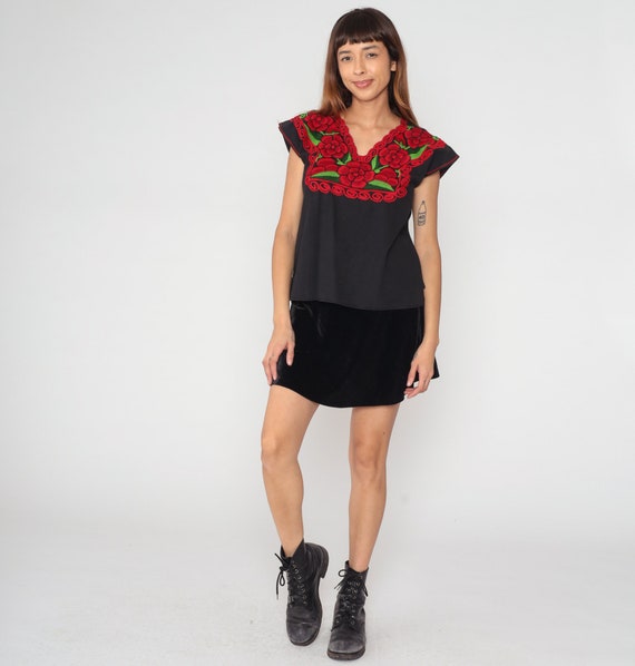 Mexican Floral Blouse 90s Black Embroidered Top P… - image 3