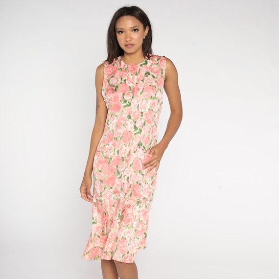 Silk Floral Dress Y2K Pink Pleated Dress Shift Midi Dress Sleeveless Drop Waist Summer Party Dress With Pockets White Vintage 00s Small 6