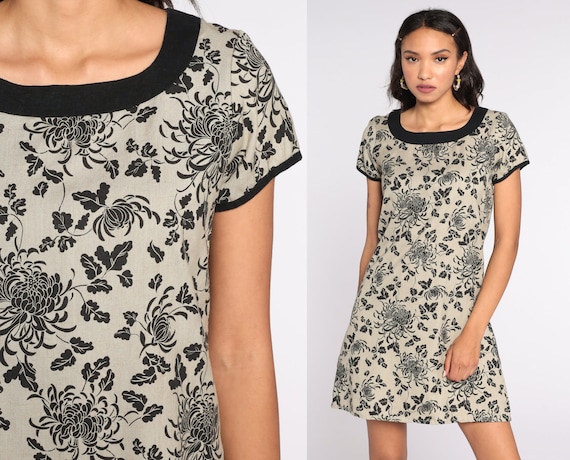 Tan Floral Mini Dress 90s Grunge Revival 1990s Vintage Shift Short Sleeve Retro Summer MiniDress Small S