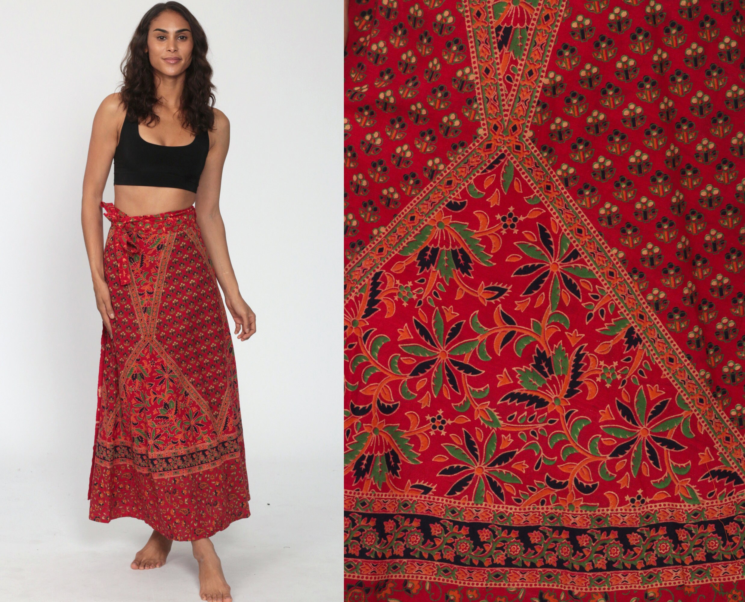 Maxi Wrap Skirt Red Indian Floral Skirt Boho Hippie Skirt 90s Bohemian