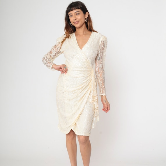 Vintage Ivory Lace Dress 80s Sheer Puff Sleeve Wrap V-Neck Sheath Midi Dress Party Dress Long Sleeve 1980s Going Out Evening Cascade Small