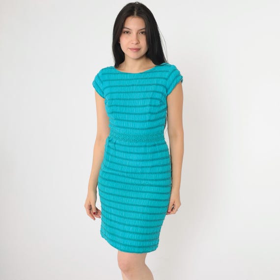 Vintage 60s Cocktail Dress Mini Blue Textured Yarn Striped Dress 1960s Sheath Party High Waist Formal Plain Sleeveless Extra Small xs