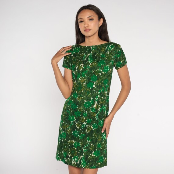 60s Floral Dress Mini Boho Green Flower Print Mod… - image 4