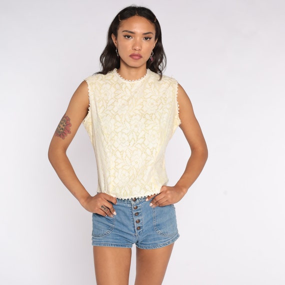 60s Lace Crop Top Cream Blouse Boho Tank Top 1960s Party Romantic Formal Blouse Sleeveless Top 1960s Vintage Mod Wedding Small