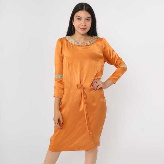 Vintage 70s Orange Satin Dress Rust Floral Brocade Trim Midi 1970s Tie Waist Boho Puff Sleeve Party Dress 3/4 Sleeve Bohemian Small S