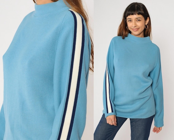 70s Striped Sweater Light Blue Ski Sweater Knit Mock Neck Pullover Sweater 1970s Bohemian Hippie Vintage Raglan Sleeve Medium