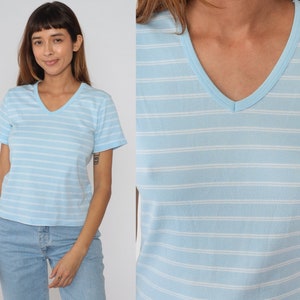 Striped T-Shirt 90s V Neck TShirt Blue White Tee Retro Short Sleeve Basic Plain Summer V Neck Shirt Cotton 1990s Favorites Vintage Medium M image 1