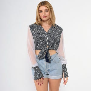 90s Floral Crop Top Sheer Chiffon Sleeves Shirt Tie Up Waist Button Up Blouse Navy Blue White Calico Print Cropped 1990s Medium M