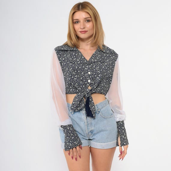 90s Floral Crop Top Sheer Chiffon Sleeves Shirt Tie Up Waist Button Up Blouse Navy Blue White Calico Print Cropped 1990s Medium M
