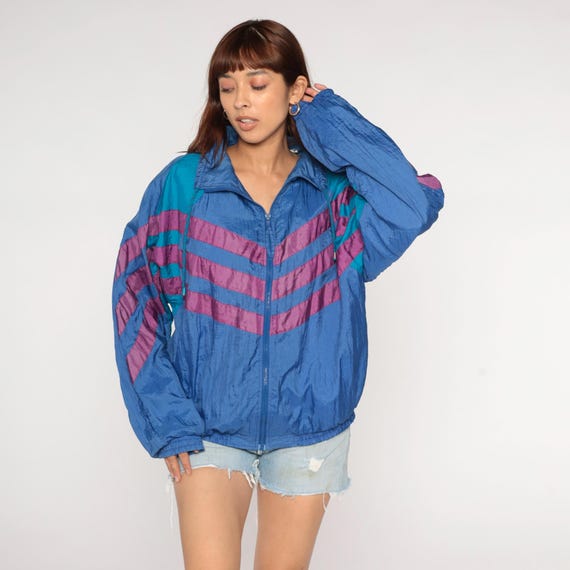 90s Windbreaker Blue Striped Zip Up Track Jacket Purple Chevron Color Block Warmup Retro Streetwear Lined Nylon Vintage 1990s Large L