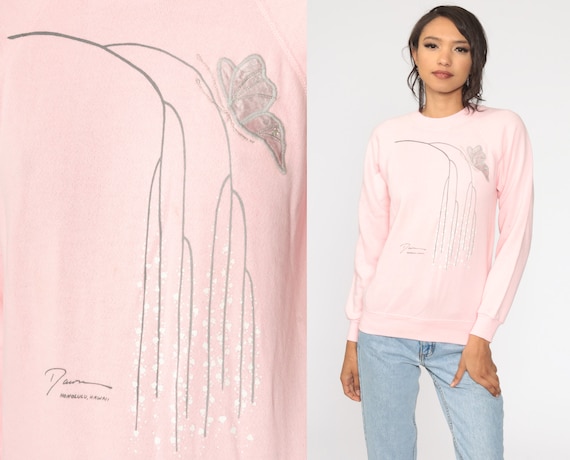BUTTERFLY Sweatshirt 80s Baby Pink Nature Print Honolulu Hawaii 1980s Hipster Sweater Vintage Shirt Retro Slouchy Extra Small xs