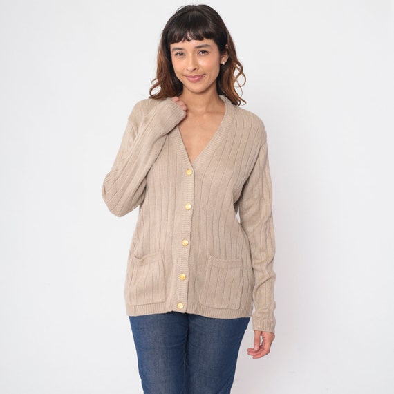 Taupe Cardigan 90s Button up Ribbed Knit Sweater Grunge Plain Basic V-Neck Retro Slouchy Fall Grandpa Cardigan Acrylic Vintage 1990s Small S