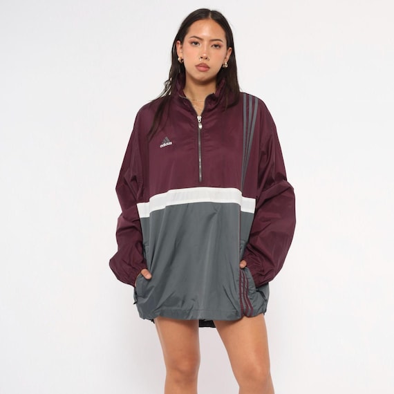 90s Adidas Windbreaker Burgundy Grey Half Zip Pullover Jacket Colorblock Nylon Three Stripe Athletic Sportswear Track Warm Up Vintage Large