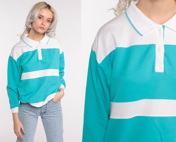 Polo Sweatshirt Turquoise Blue Striped Sweatshirt Sports 80s Shirt Pullover Button Up Jumper 1980s Vintage Sportswear Medium