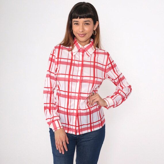 70s Plaid Shirt Shirt Red White Dagger Collar Shirt Button Up Checkered Print Blouse Preppy 1970s Top Long Sleeve Retro Vintage Medium
