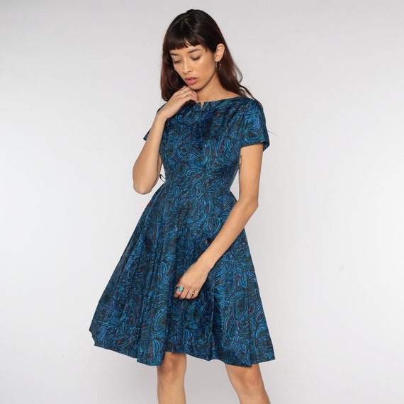 60s Day Dress Blue Paisley Tea Length 60s PLEATED… - image 3