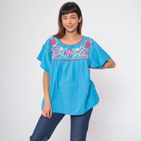 Turquoise Floral Blouse 90s Mexican Embroidered Shirt Tunic Top Blue Festival Bohemian Tent Short Sleeve Vintage 1990s Large L