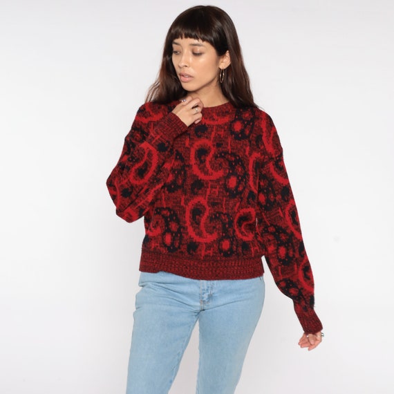 Paisley Sweater 80s Red Sweater Black Pullover Ju… - image 2