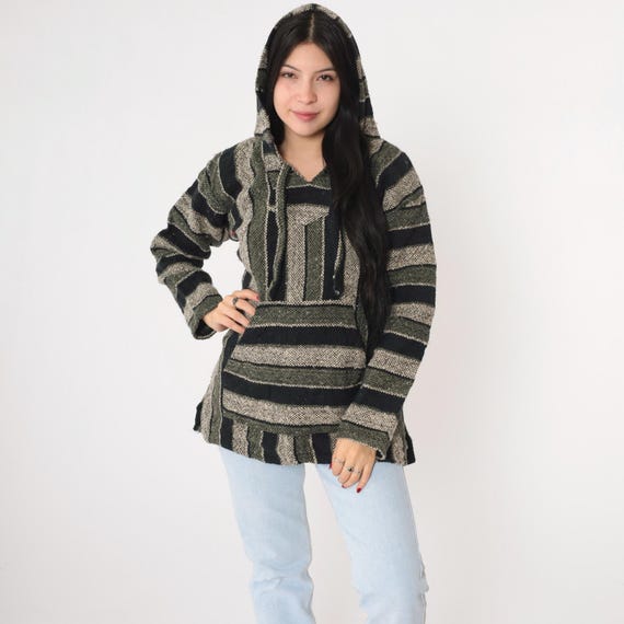 90s Baja Hoodie Mexican Sweatshirt Black Olive Green Striped Drug Rug Hippie Hooded Blanket Kangaroo Pocket Surfer 1990s Medium Large