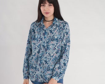 Blue Floral Blouse 70s Button Up Shirt Bohemian Top Long Sleeve Flower Print Collared Retro Seventies Hippie Feminine Vintage 1970s Medium M