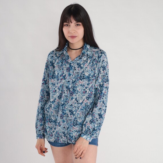 Blue Floral Blouse 70s Button Up Shirt Bohemian Top Long Sleeve Flower Print Collared Retro Seventies Hippie Feminine Vintage 1970s Medium M