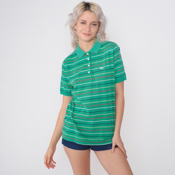 Green Striped Polo Shirt 80s Horse Crest Collared… - image 4