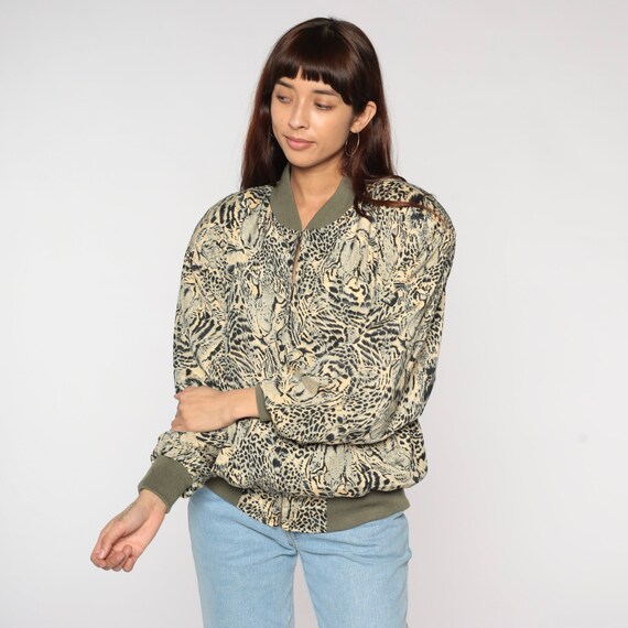 Silk Tiger Jacket 90s Animal Print Windbreaker Zip Up Leopard Bomber Jacket Jungle Cat Face Novelty Statement Hipster Vintage Men's Medium M