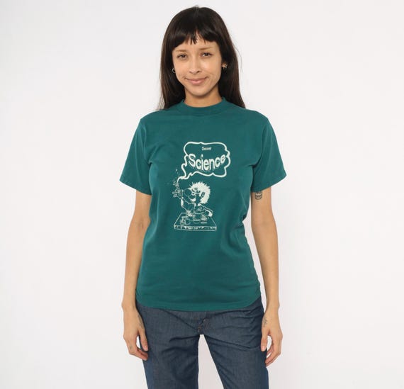 Mad Scientist  T-shirt Discover Science Graphic Tee 90s Cartoon Teal Green Cotton Short Sleeve Funny Nerd Geek Vintage Jerzees Shirt Small S
