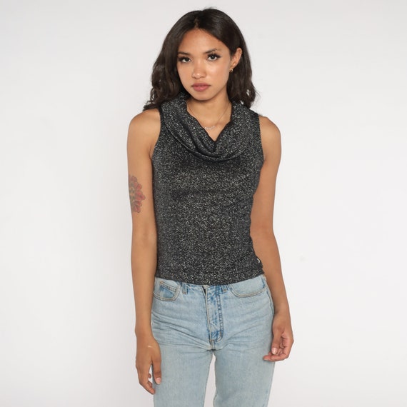 Sparkly Tank Top 90s Black Metallic Blouse Cowl Neck Sleeveless Shirt Retro Clubwear Party Festival Glam Going Out Top Vintage 1990s Small S