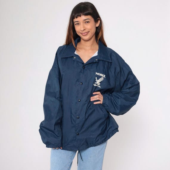 Vintage Snap Windbreaker Jacket 90s Navy Blue Nobel Nighthawks Middle School Northridge CA Retro Uniform Jacket Nylon Button Up 1990s 2xl