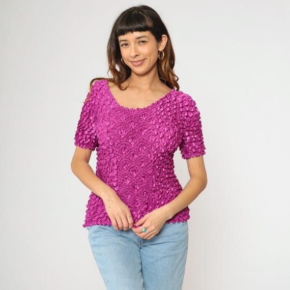 Magenta Purple Popcorn Shirt Y2K Retro Textured Blouse Short Sleeve Magic Bubble Top Summer Vintage 00s Small Medium xs