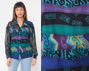 Boho Blouse 90s Button up Shirt Long Sheer Sleeve Striped Abstract Print Top Long Sleeve Black Green Purple Blue Vintage 1990s Medium M