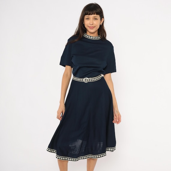 60s Navy Dress Diamond Trim Belted Short Sleeve Midi Cream Geometric Border Fit Flare Dark Academia Mod Collegiate Preppy Vintage Large L