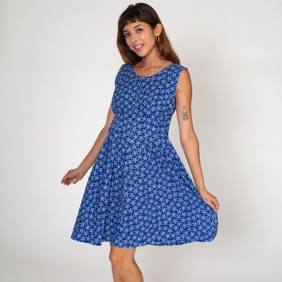 Starfish Sundress 80s Tropical Beach Dress Blue Boho Sun Dress Midi Fit and Flare 1980s Boho Sleeveless Summer Knee Length Medium