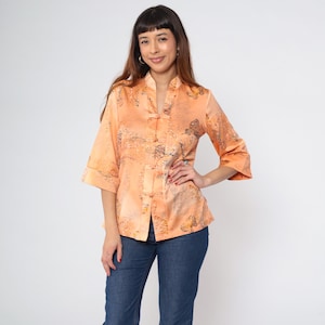 Vintage Asian Style Butterfly Blouse 70s Peach Mandarin Collar Shirt Chinese Knot Button Up Bohemian Hippie Orange 1/2 Sleeve Small S