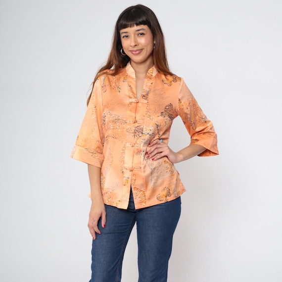 Vintage Asian Style Butterfly Blouse 70s Peach Mandarin Collar Shirt Chinese Knot Button Up Bohemian Hippie Orange 1/2 Sleeve Small S