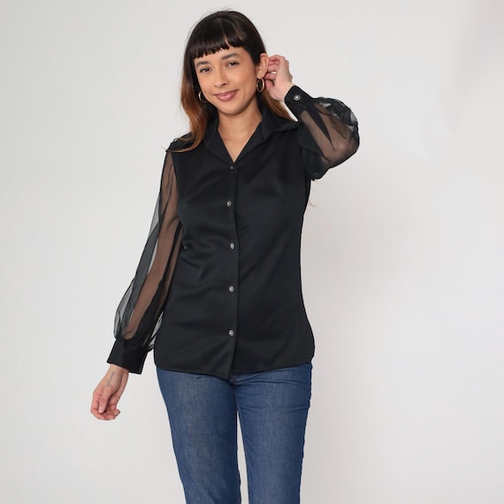 70s Gothic Top Vintage Black Sheer Sleeve Button Up Shirt Long Sleeve Collared Top Sheer Chiffon Blouse Grunge Alternative Vampire Small S