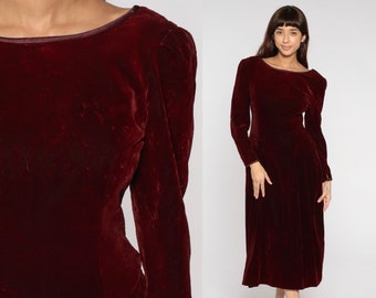 Velvet Party Dress 80s 90s Burgundy Red Velvet PUFF Sleeve Dress Low V Back Gothic Sheath 1980s Cocktail Drop Waist Medium 8