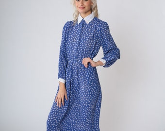 80er Sommer Kleid Blau Kragen Midi Kleid Puff Ärmel Weiß Ditsy Dot Abstrakt Stick Print High Waisted Langarm Vintage 1980er Jahre Small S