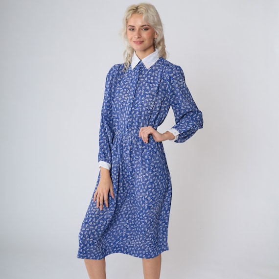 80s Secretary Dress Blue Collared Midi Dress Puff Sleeve White Ditsy Dot Abstract Stick Print High Waisted Long Sleeve Vintage 1980s Small S
