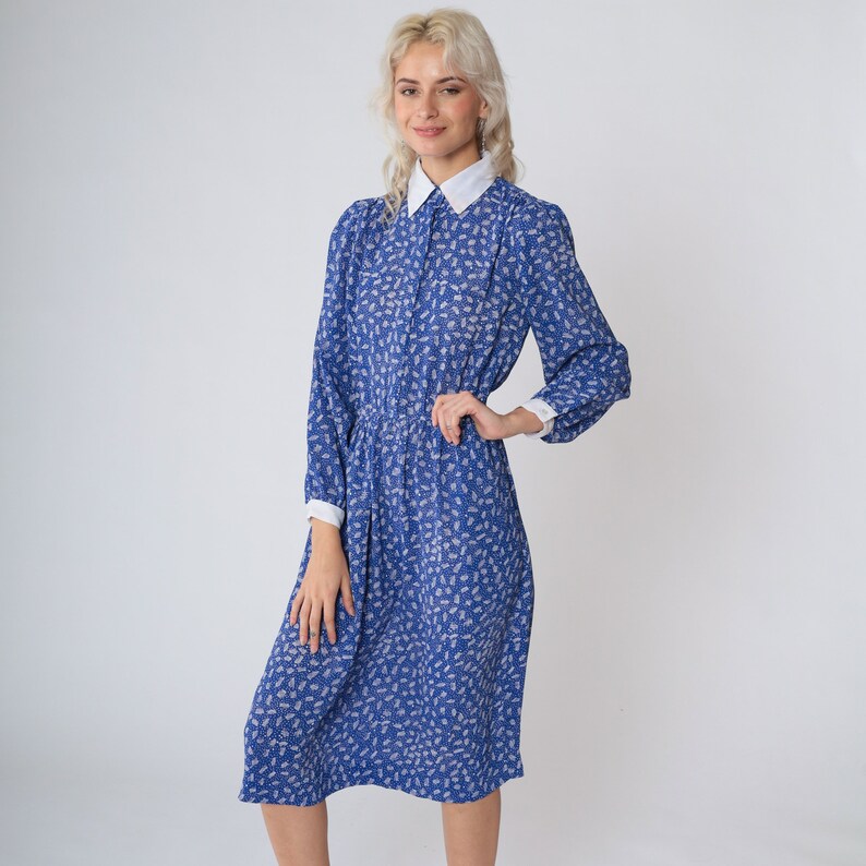 80s Secretary Dress Blue Collared Midi Dress Puff Sleeve White Ditsy Dot Abstract Stick Print High Waisted Long Sleeve Vintage 1980s Small S image 2