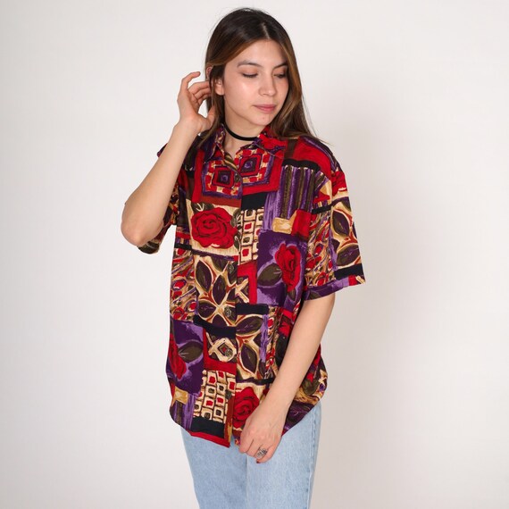 90s Floral Blouse Button up Shirt Abstract Patchwork Flower Print Short Sleeve Top Summer Boho Red Purple Vintage 1990s Jessica Scott Medium