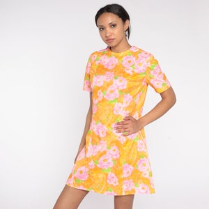 Mod Mini Kleid 60er 70er Knall Orange Floral Paisley Print Etuikleid Retro Hippie Gogo Twiggy Sixties Groovy Kurzarm Vintage Große L